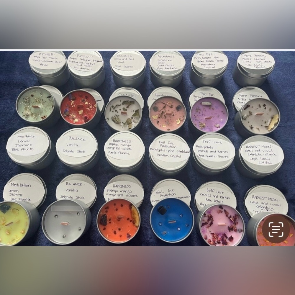 Set of 12 handmade scented assorted crystal candles 8oz tins